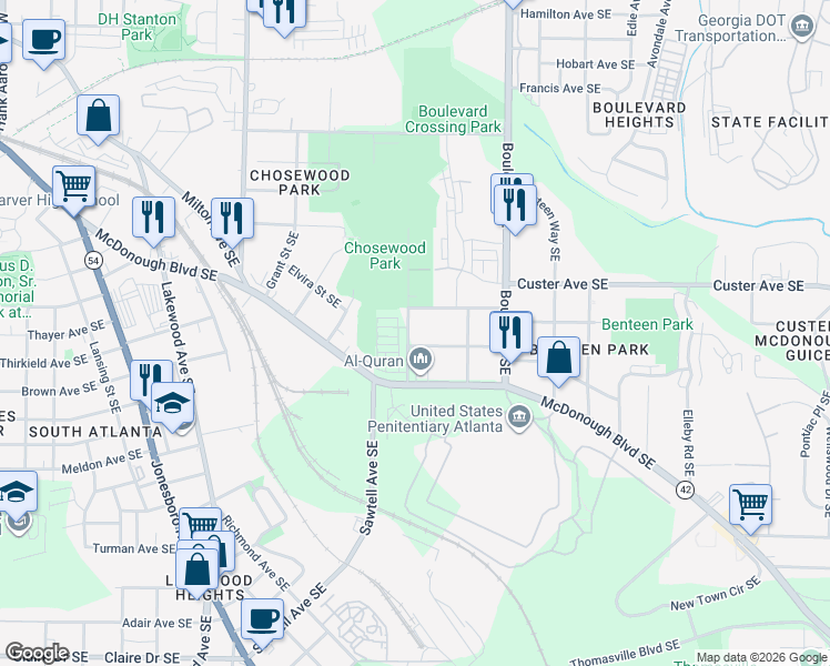 map of restaurants, bars, coffee shops, grocery stores, and more near 1420 Gault Street Southeast in Atlanta