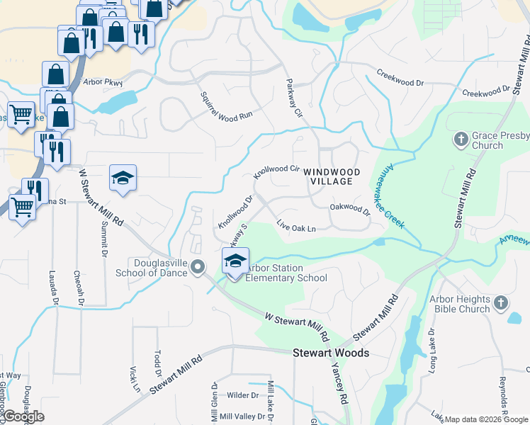 map of restaurants, bars, coffee shops, grocery stores, and more near 6717 Live Oak Lane in Douglasville
