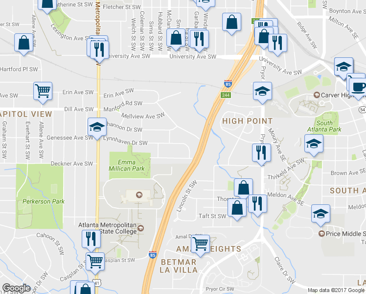 map of restaurants, bars, coffee shops, grocery stores, and more near 384 Lynnhaven Dr SW in Atlanta