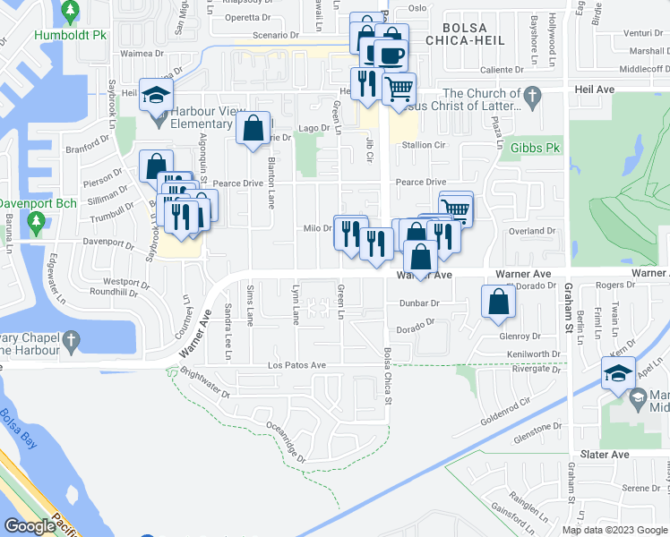 map of restaurants, bars, coffee shops, grocery stores, and more near 4861 Warner Avenue in Huntington Beach