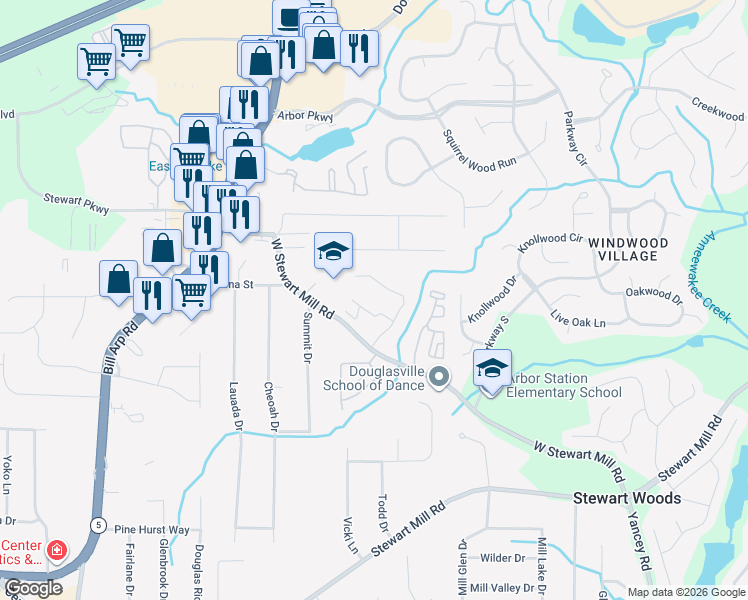map of restaurants, bars, coffee shops, grocery stores, and more near 3421 West Stewarts Mill Road in Douglasville