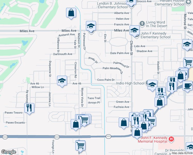 map of restaurants, bars, coffee shops, grocery stores, and more near 45882 Coco Palm Drive in Indio
