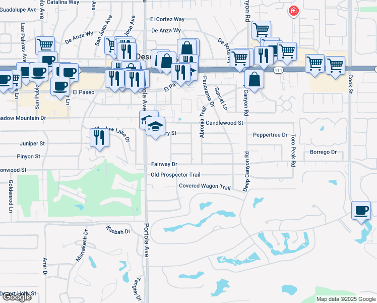 map of restaurants, bars, coffee shops, grocery stores, and more near 74210 Peppergrass Street in Palm Desert