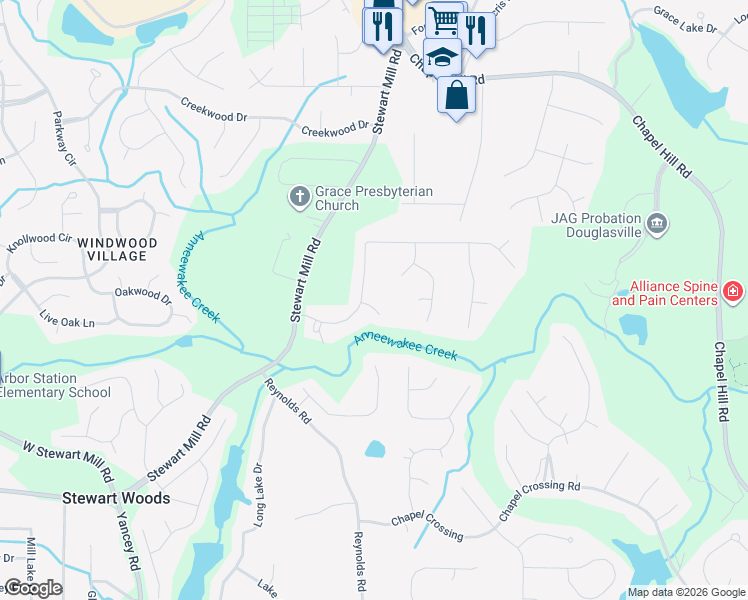 map of restaurants, bars, coffee shops, grocery stores, and more near 9874 Milton Court in Douglasville