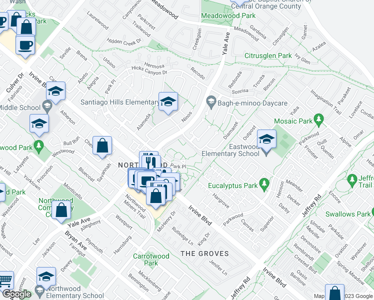 map of restaurants, bars, coffee shops, grocery stores, and more near 157 Pineview in Irvine