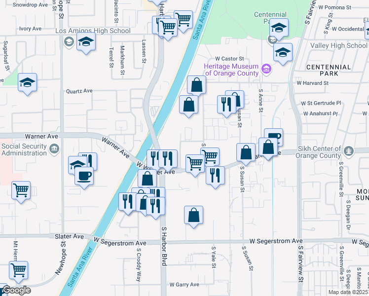 map of restaurants, bars, coffee shops, grocery stores, and more near 2311-2337 South Otis Street in Santa Ana
