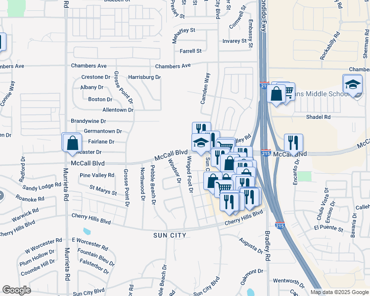 map of restaurants, bars, coffee shops, grocery stores, and more near 26596 McCall Boulevard in Menifee