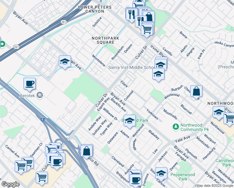 map of restaurants, bars, coffee shops, grocery stores, and more near 16 Rossano in Irvine