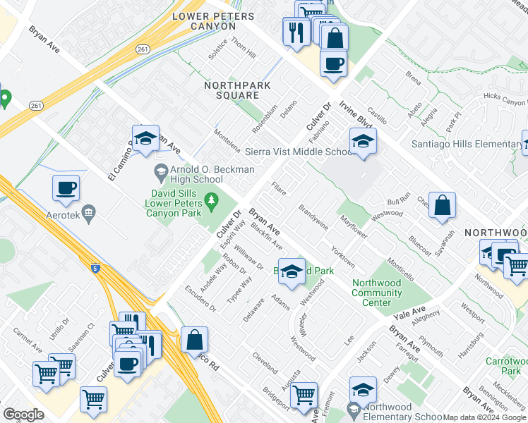 map of restaurants, bars, coffee shops, grocery stores, and more near 18 Rossano in Irvine