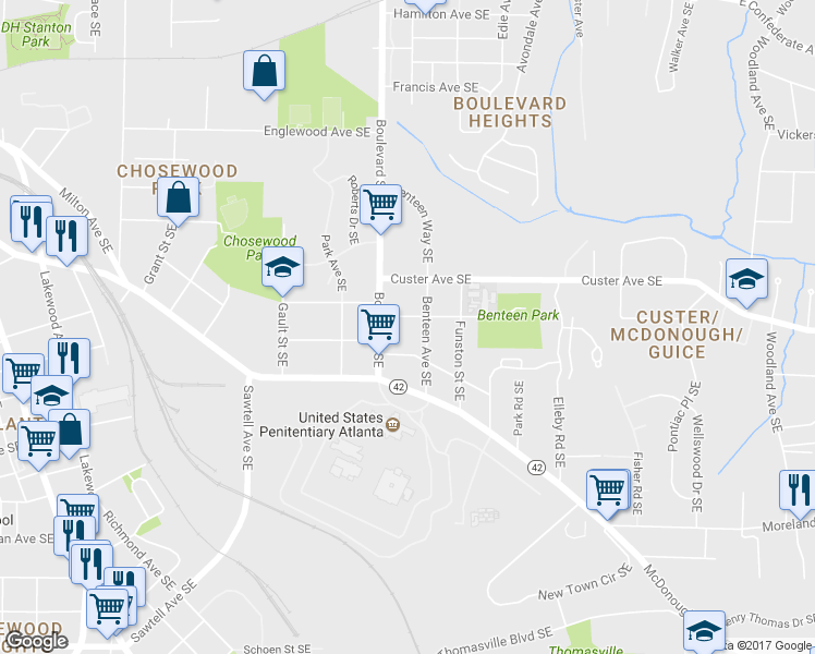 map of restaurants, bars, coffee shops, grocery stores, and more near 633 Cassanova Street Southeast in Atlanta