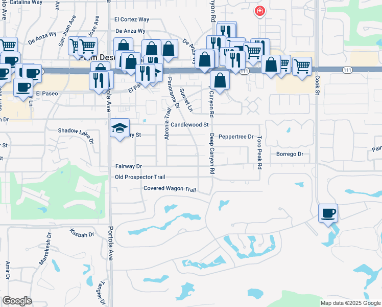 map of restaurants, bars, coffee shops, grocery stores, and more near 74394 Peppergrass Street in Palm Desert