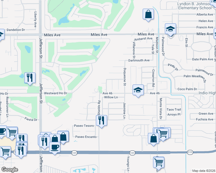 map of restaurants, bars, coffee shops, grocery stores, and more near 45938 Rutgers Street in Indio