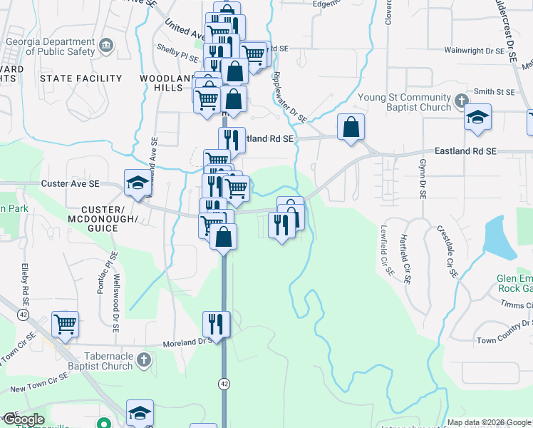 map of restaurants, bars, coffee shops, grocery stores, and more near 1355 Custer Avenue Southeast in Atlanta