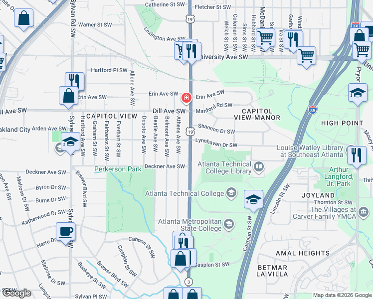 map of restaurants, bars, coffee shops, grocery stores, and more near 1443 Metropolitan Parkway Southwest in Atlanta