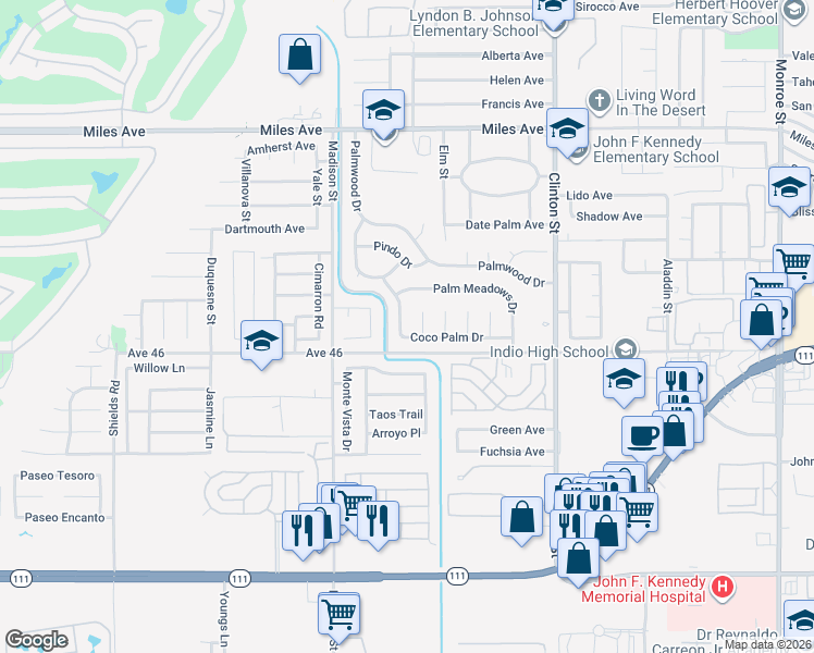 map of restaurants, bars, coffee shops, grocery stores, and more near 45882 Coco Palm Drive in Indio