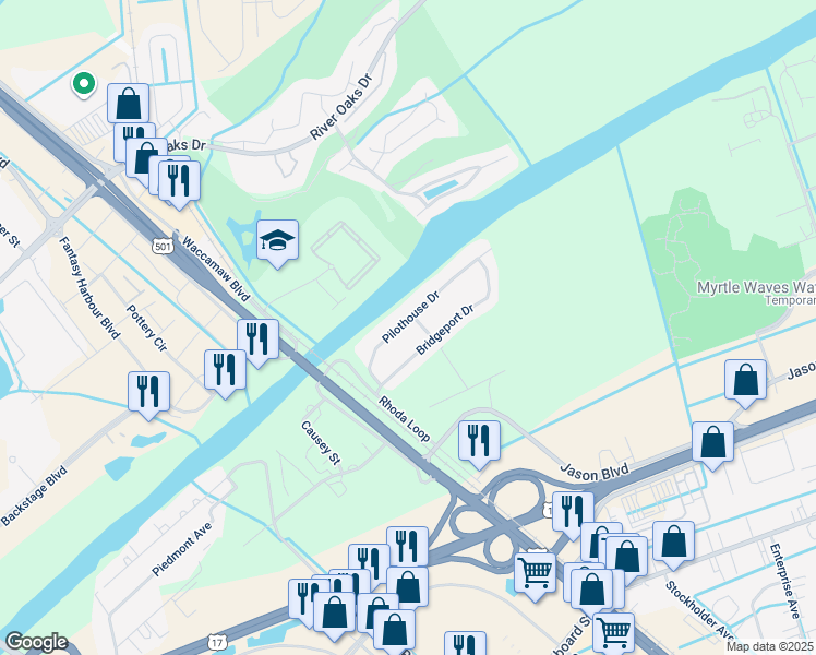map of restaurants, bars, coffee shops, grocery stores, and more near 300 Pilothouse Drive in Myrtle Beach