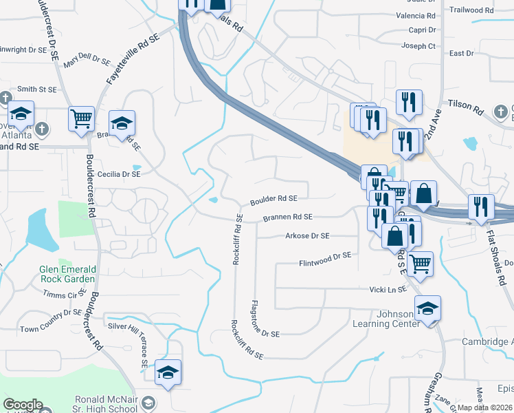 map of restaurants, bars, coffee shops, grocery stores, and more near 2311 Boulder Road Southeast in Atlanta