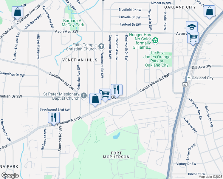 map of restaurants, bars, coffee shops, grocery stores, and more near 1418 Graymont Drive Southwest in Atlanta