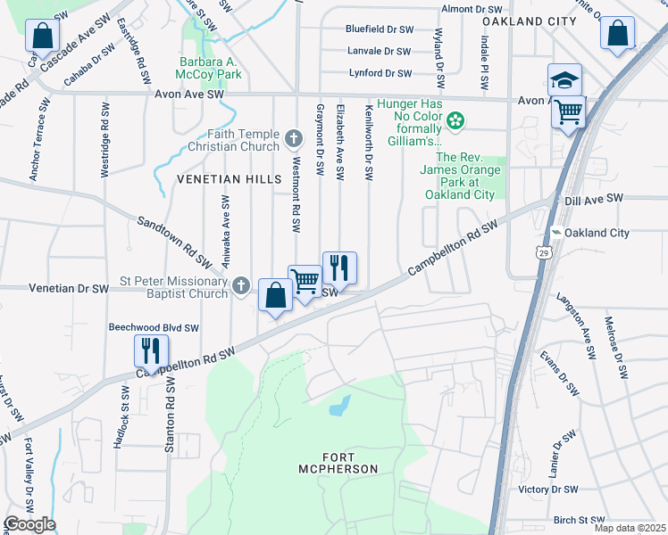 map of restaurants, bars, coffee shops, grocery stores, and more near 1418 Graymont Drive Southwest in Atlanta
