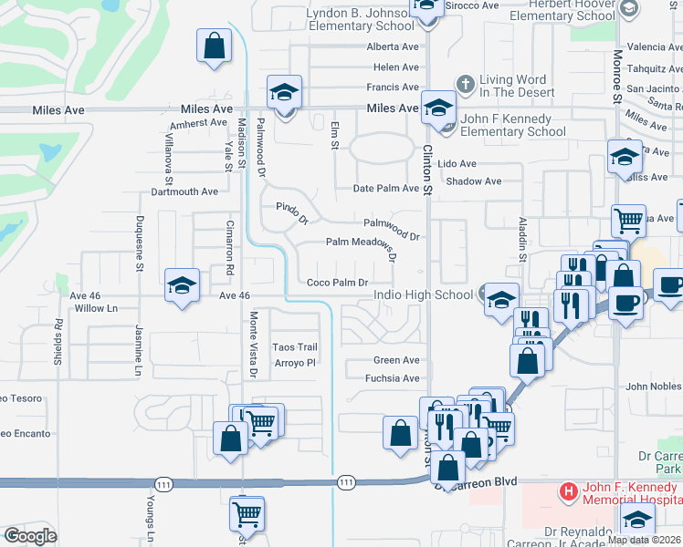 map of restaurants, bars, coffee shops, grocery stores, and more near 45882 Queen Palm Lane in Indio