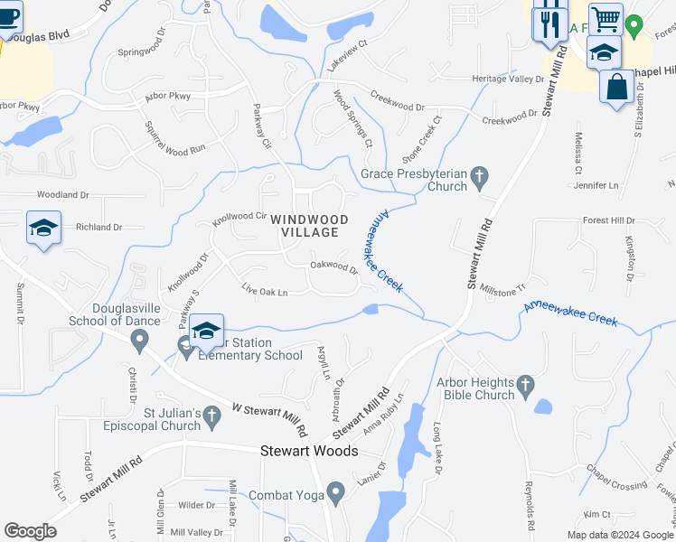 map of restaurants, bars, coffee shops, grocery stores, and more near 6583 Oakwood Drive in Douglasville