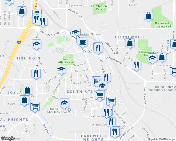 map of restaurants, bars, coffee shops, grocery stores, and more near 121 Thayer Avenue Southeast in Atlanta