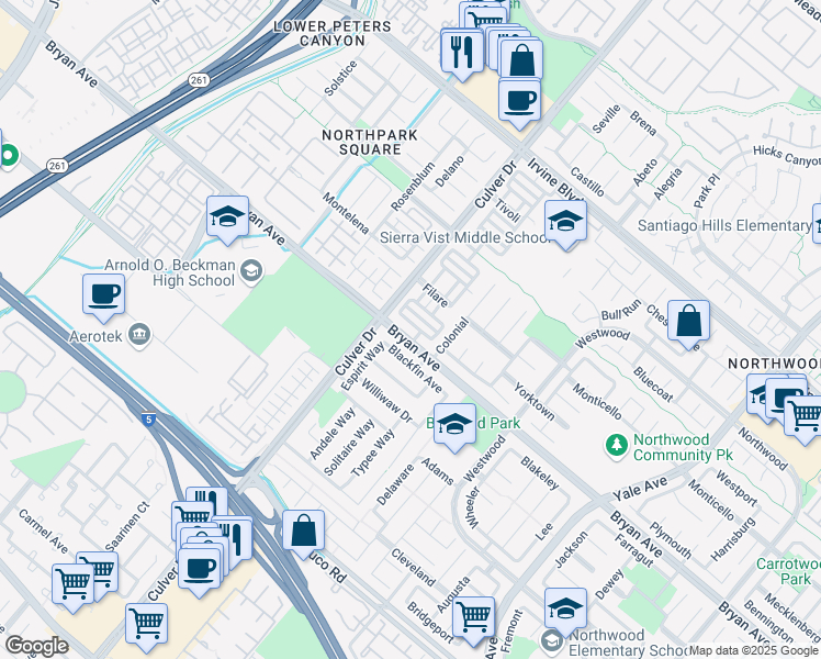 map of restaurants, bars, coffee shops, grocery stores, and more near 16 Rossano in Irvine