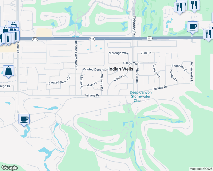 map of restaurants, bars, coffee shops, grocery stores, and more near 45755 Cielito Drive in Indian Wells