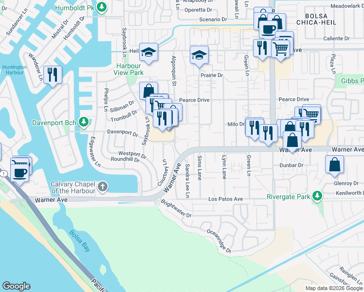 map of restaurants, bars, coffee shops, grocery stores, and more near 16960 Algonquin Street in Huntington Beach