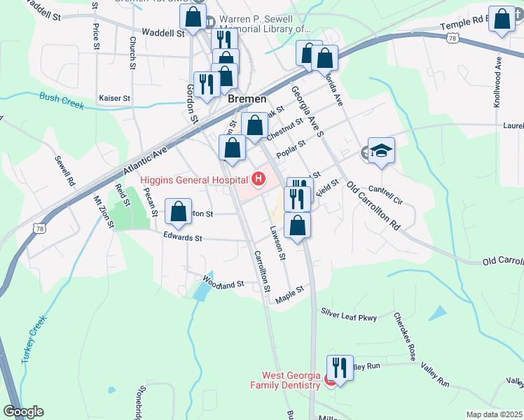 map of restaurants, bars, coffee shops, grocery stores, and more near 511 Lawson Street in Bremen