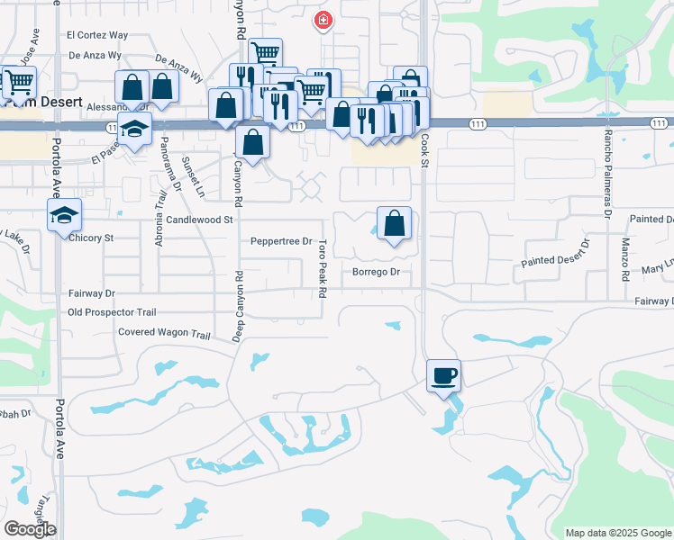 map of restaurants, bars, coffee shops, grocery stores, and more near 45840 Toro Peak Road in Palm Desert