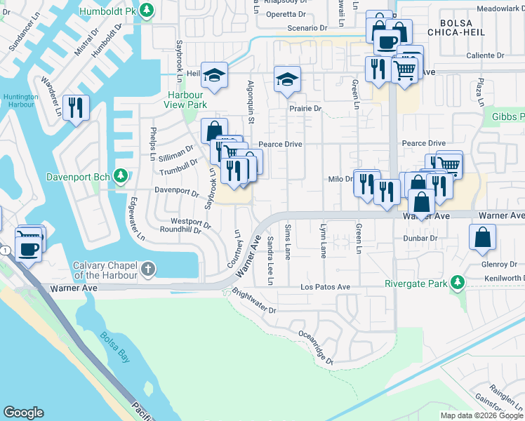 map of restaurants, bars, coffee shops, grocery stores, and more near 16960 Algonquin Street in Huntington Beach