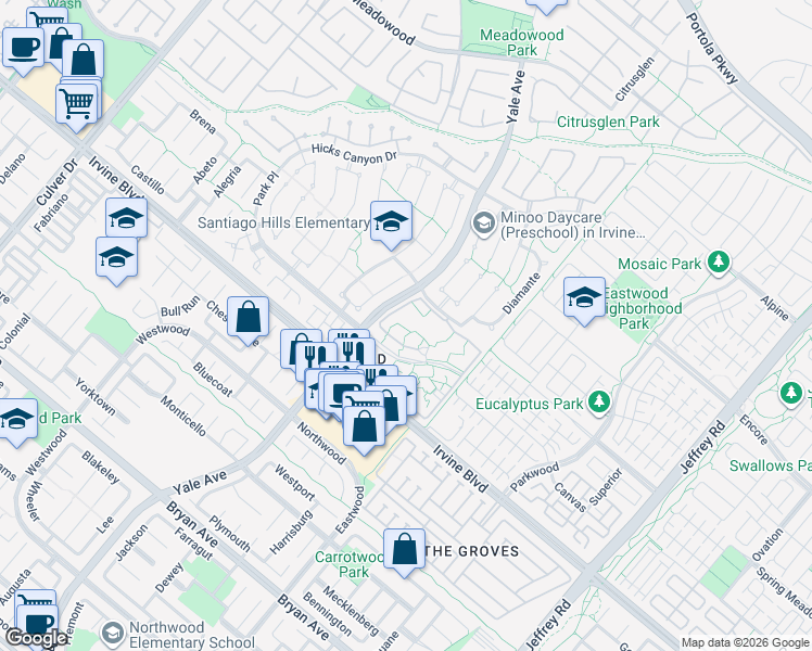 map of restaurants, bars, coffee shops, grocery stores, and more near 85 Lakepines in Irvine