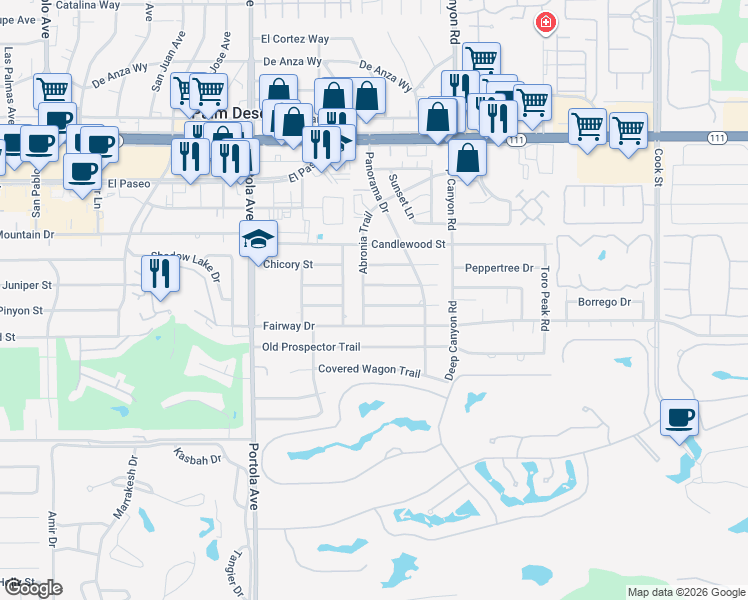 map of restaurants, bars, coffee shops, grocery stores, and more near 74300 Peppergrass Street in Palm Desert
