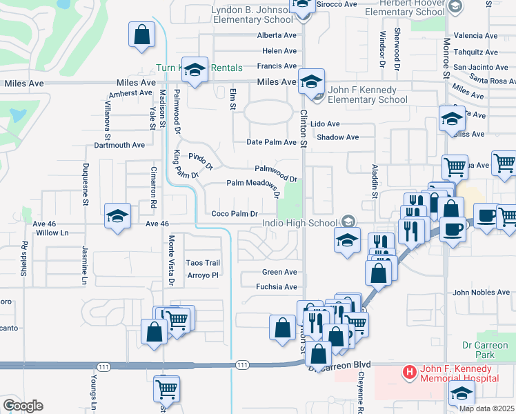 map of restaurants, bars, coffee shops, grocery stores, and more near 45881 Paradise Palm Lane in Indio