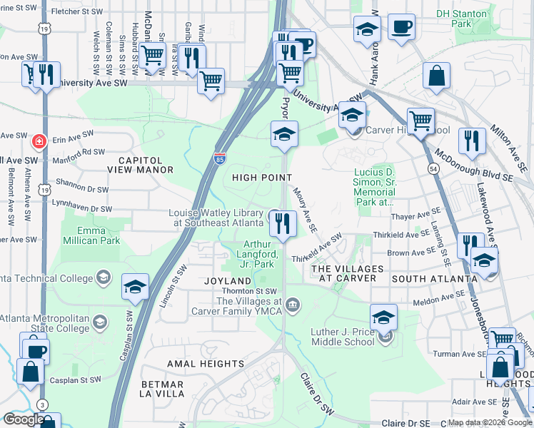 map of restaurants, bars, coffee shops, grocery stores, and more near 110 Bowen Circle Southwest in Atlanta