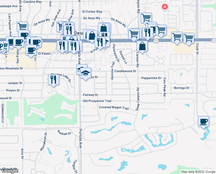 map of restaurants, bars, coffee shops, grocery stores, and more near 74210 Peppergrass Street in Palm Desert