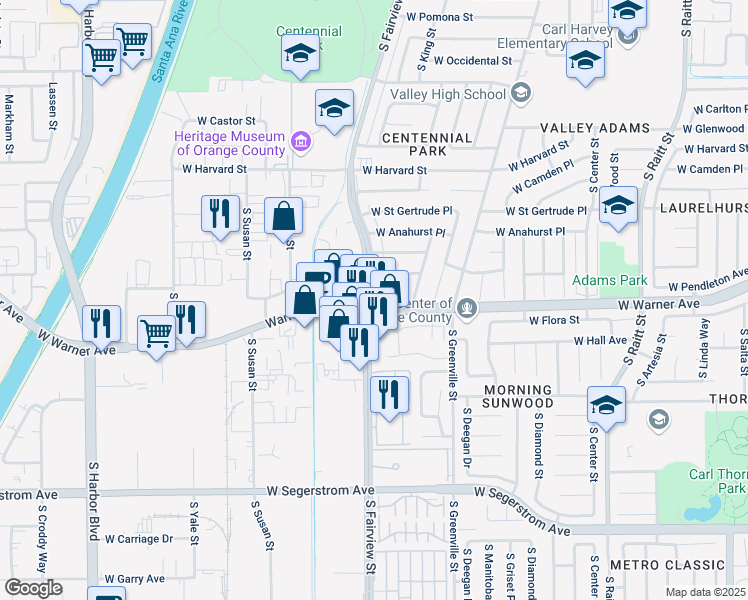 map of restaurants, bars, coffee shops, grocery stores, and more near 2841 West Warner Avenue in Santa Ana