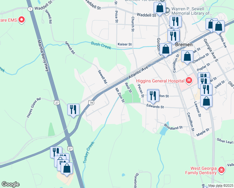 map of restaurants, bars, coffee shops, grocery stores, and more near 51 Mount Zion Street in Bremen
