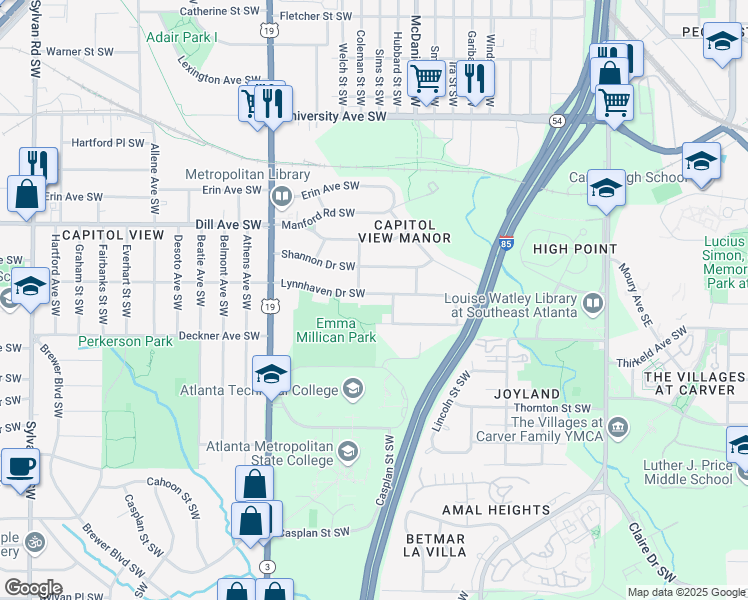 map of restaurants, bars, coffee shops, grocery stores, and more near 478 Lynnhaven Drive Southwest in Atlanta
