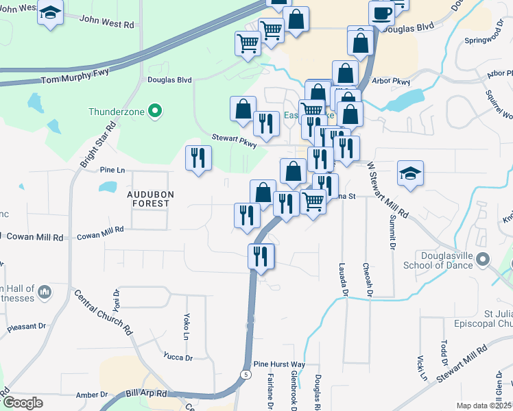 map of restaurants, bars, coffee shops, grocery stores, and more near 5955 Sutton Place in Douglasville
