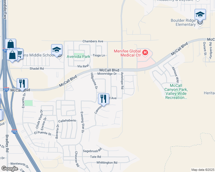 map of restaurants, bars, coffee shops, grocery stores, and more near 27808 Cannon Drive in Menifee