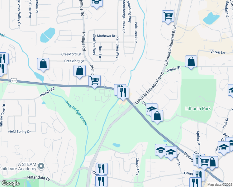 map of restaurants, bars, coffee shops, grocery stores, and more near 7167 Covington Highway in Lithonia