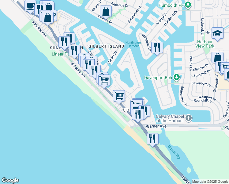 map of restaurants, bars, coffee shops, grocery stores, and more near 16862 Pacific Coast Highway in Huntington Beach