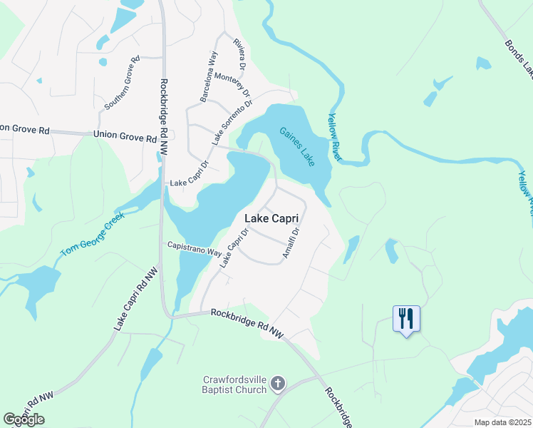 map of restaurants, bars, coffee shops, grocery stores, and more near 2629 Lake Capri Drive in Conyers