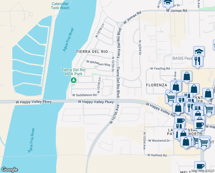 map of restaurants, bars, coffee shops, grocery stores, and more near 10741 West El Cortez Place in Peoria
