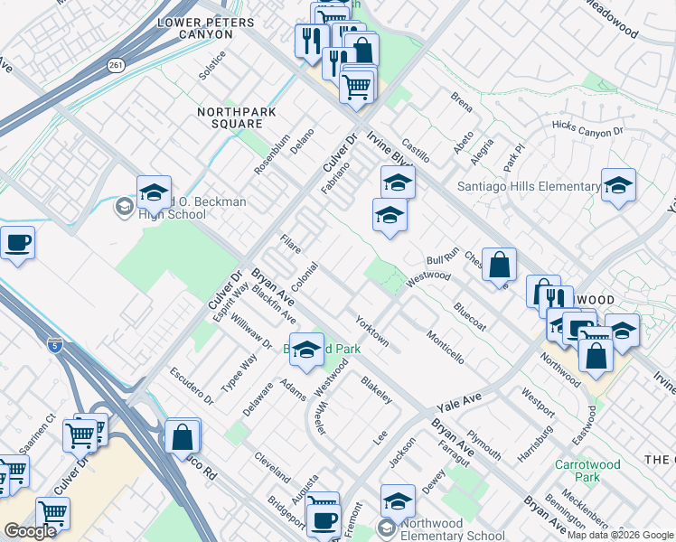 map of restaurants, bars, coffee shops, grocery stores, and more near 10 Brandywine in Irvine