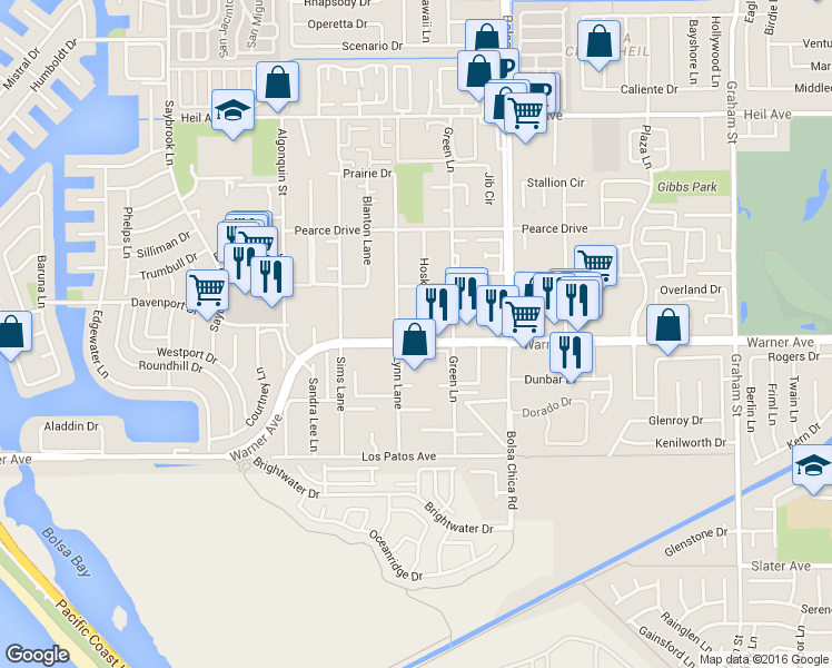 map of restaurants, bars, coffee shops, grocery stores, and more near 16982 Lynn Lane in Huntington Beach