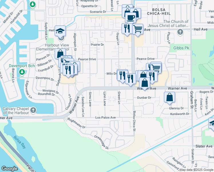 map of restaurants, bars, coffee shops, grocery stores, and more near 16982 Lynn Lane in Huntington Beach
