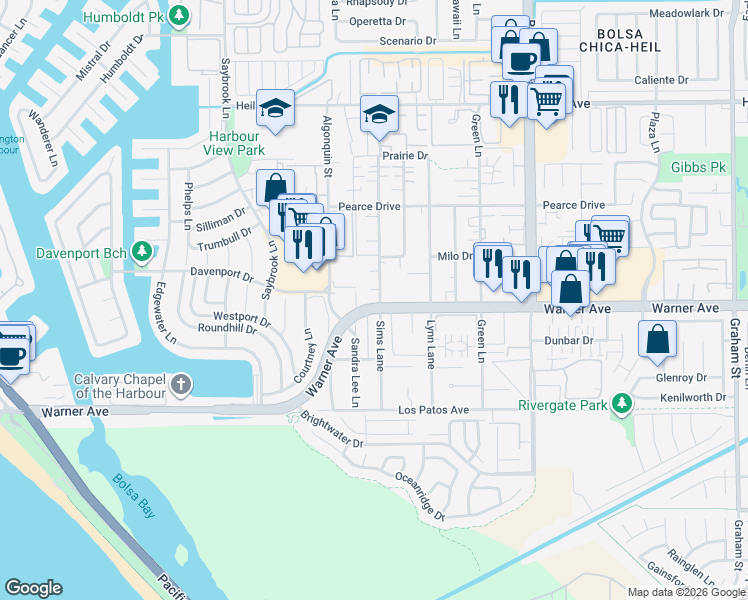 map of restaurants, bars, coffee shops, grocery stores, and more near in Huntington Beach